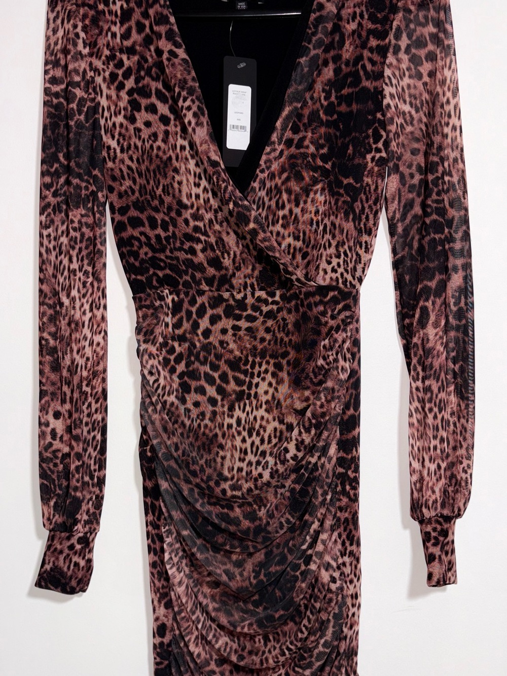 bebe Long Sleeve Leopard Print Wrap Dress in Brown and Black